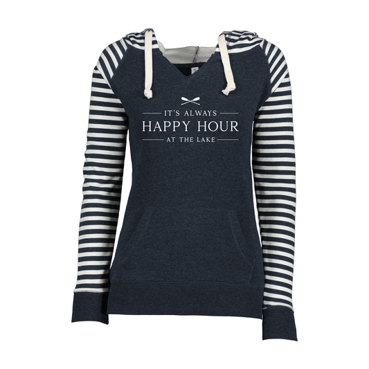 Happy Hour At The Lake Striped Fleece Hoodie - Navy/White